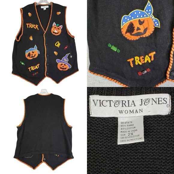 Vtg Victoria Jones Halloween Knit Sweater Vest Plus Size 2X Black Embroidered - Picture 1 of 10